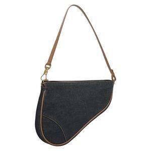 VTG Christian Dior Women's Blue Denim Single Leather Strap Saddle Shoulder Bag